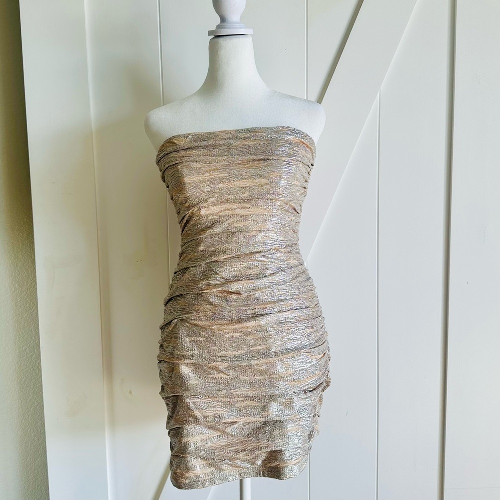 Elegant Strapless Shimmery Gold Dress, Party Club Prom Homexoming